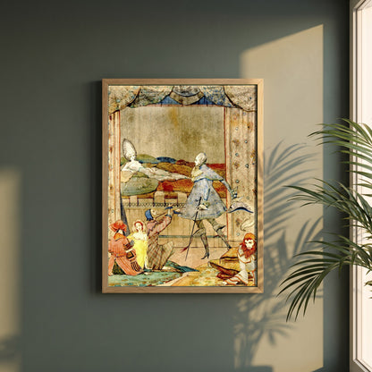 He Saw the Finest Sight framed print in a natural oak frame on a dark green wall beside a window, dappled plant shadow