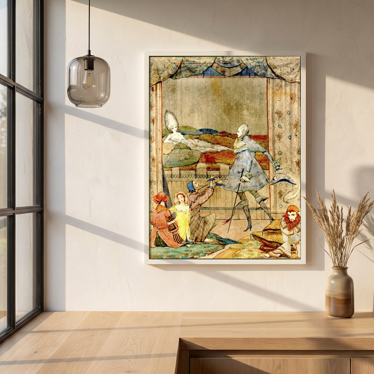He Saw the Finest Sight framed print in a white frame on a plaster wall above an oak worktop in a bright Scandinavian kitchen