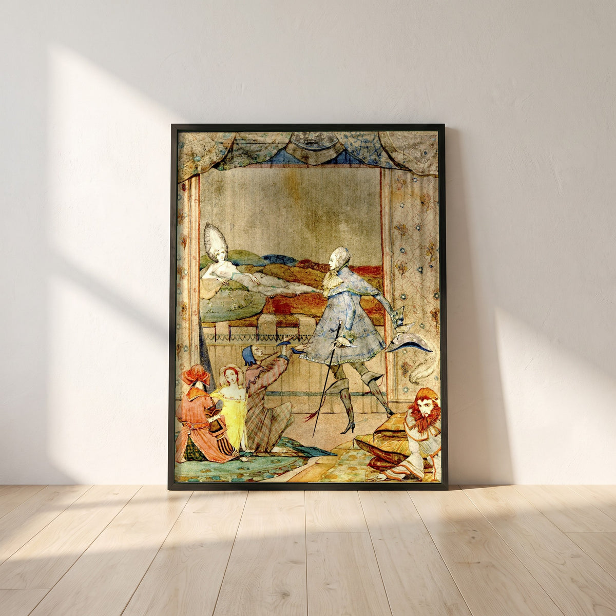 He Saw the Finest Sight framed print in a black frame leaning against a white plaster wall on oak floorboards in morning light