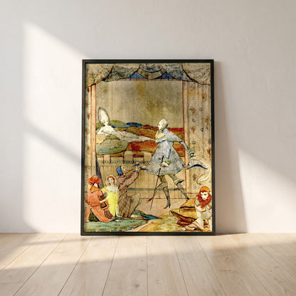 He Saw the Finest Sight framed print in a black frame leaning against a white plaster wall on oak floorboards in morning light