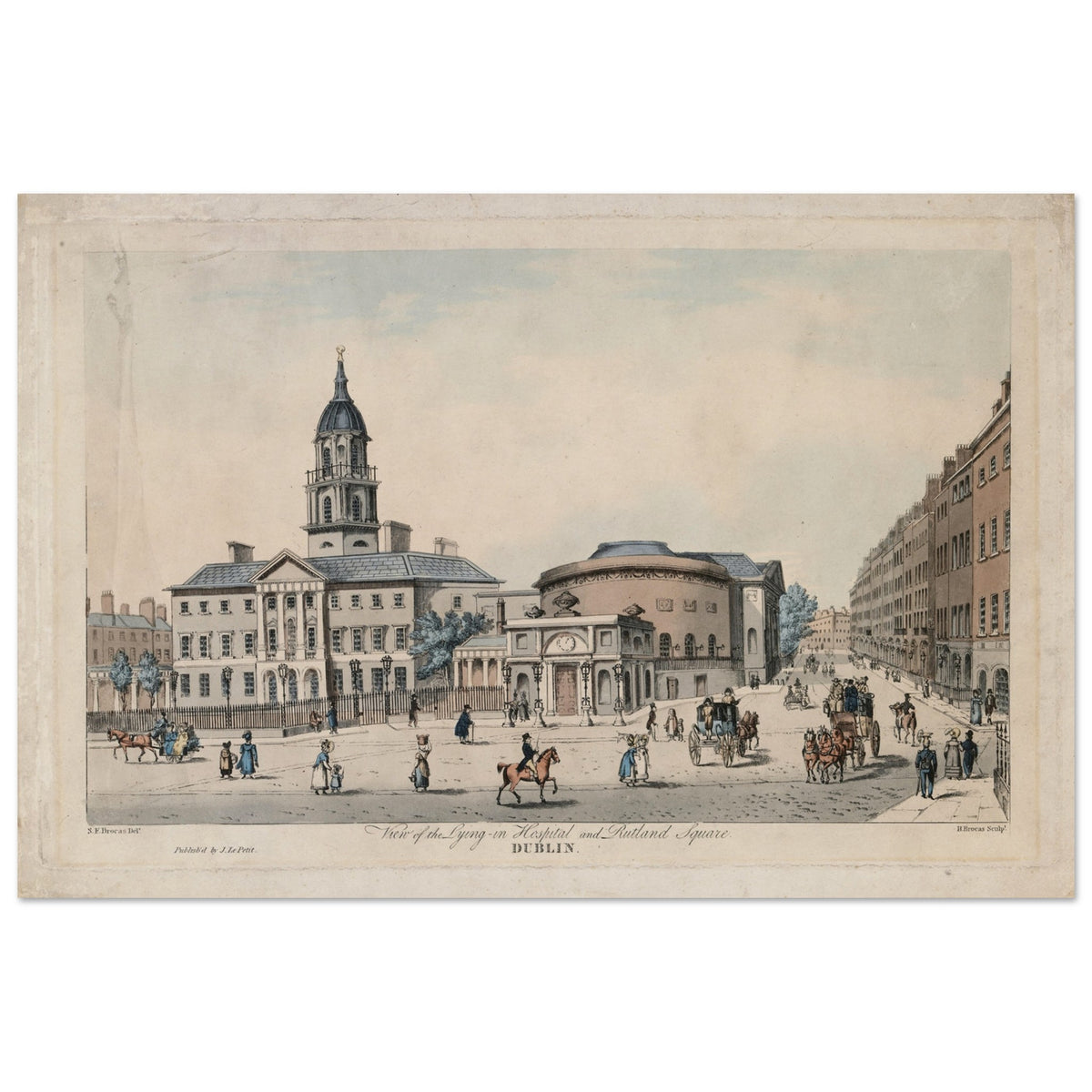 Historic Dublin print of the Rotunda and Rutland Square, full view with title inscription