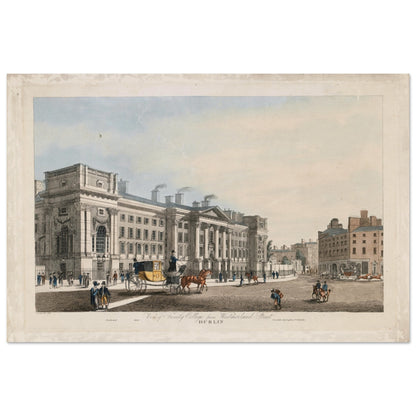Historic print of Trinity College Dublin and Westmoreland Street, full view with title inscription