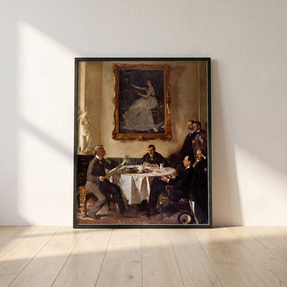 Homage to Manet framed print in a black frame leaning against a white plaster wall on oak floorboards in morning light