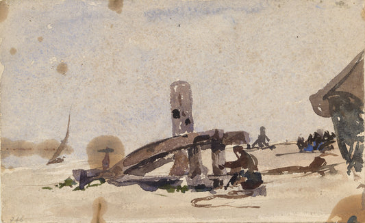 A Kneeling Man on the Beach by Nathaniel Hone the Younger, graphite and watercolour sketch