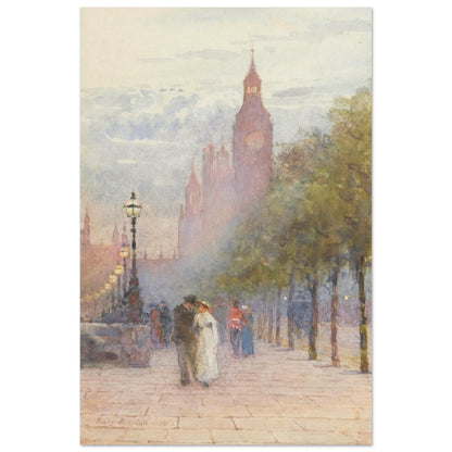 Houses of Parliament and Westminster by Rose Barton, Big Ben in mist above a tree-lined riverside walk