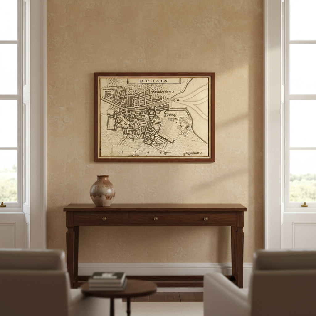 Map of Dublin City in 1714 by Herman Moll displayed in an elegant Irish period-home interior