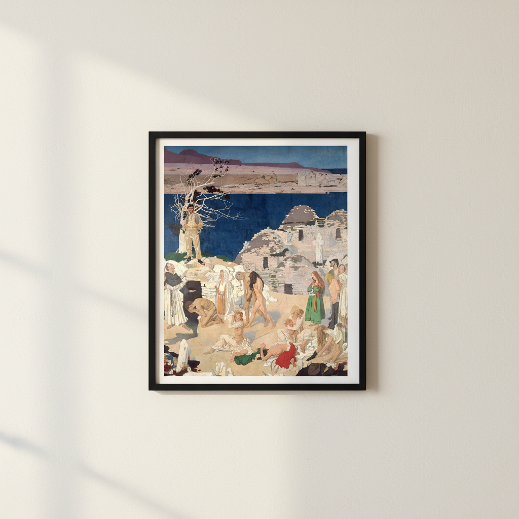 The Holy Well by William Orpen in a slim black frame on an off-white lime plaster wall, no mat or white border