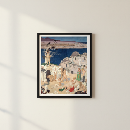 The Holy Well by William Orpen in a slim black frame on an off-white lime plaster wall, no mat or white border