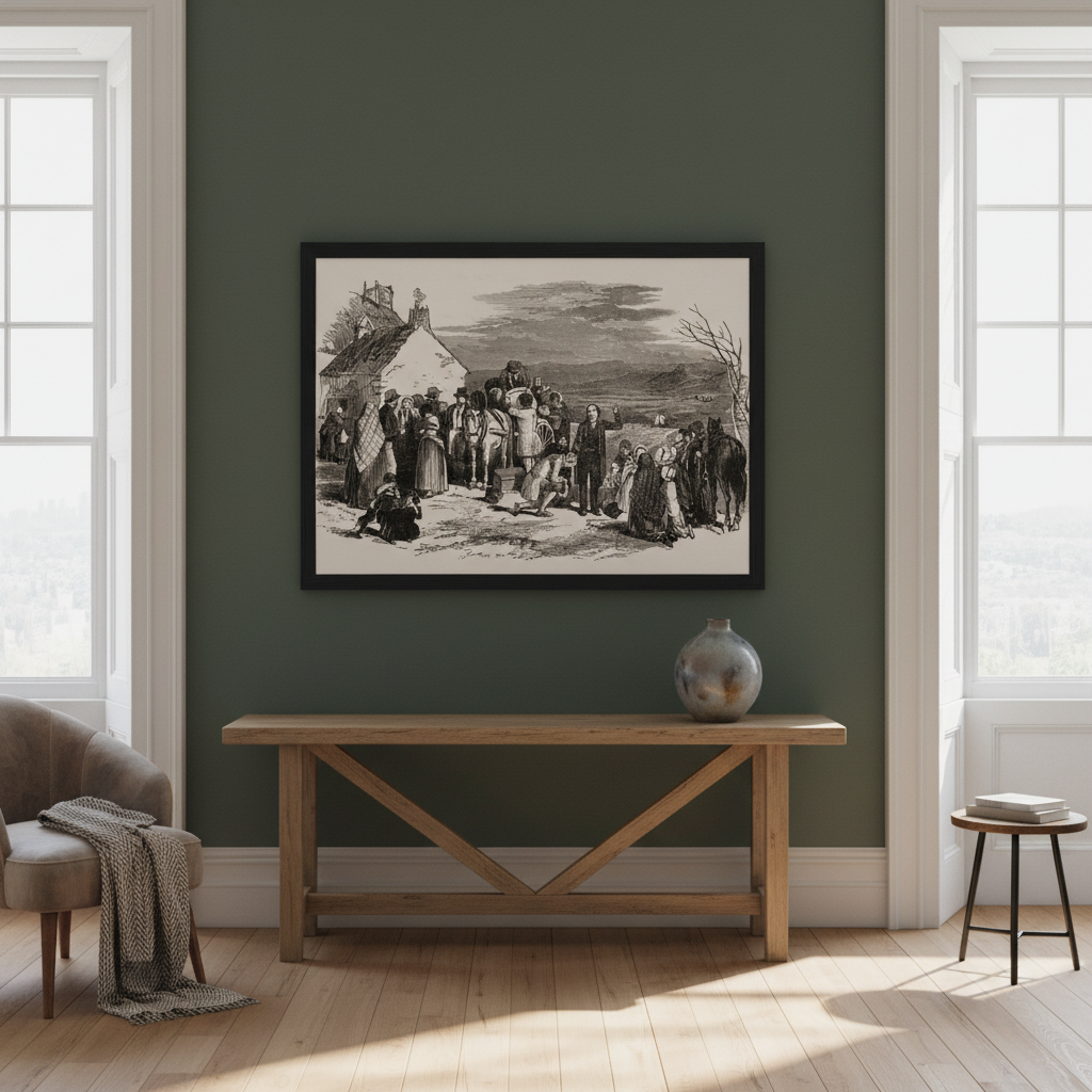 Irish Emigrants Leaving Home engraving in a black frame above a console table on a green wall