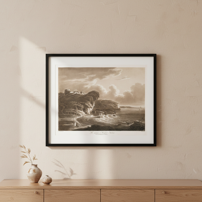 The Entrance to Waterford Harbour 1796 aquatint by Thomas Sautelle Roberts displayed in a refined Irish home interior