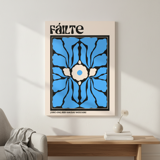 Fáilte (Welcome) Irish language art print displayed in a bright Irish home interior