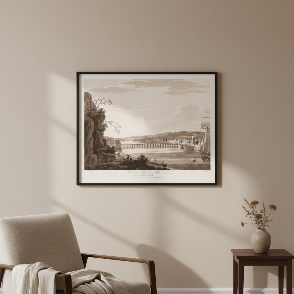 West View of the City of Waterford 1795 aquatint by Thomas Sautelle Roberts displayed in a refined Irish home interior