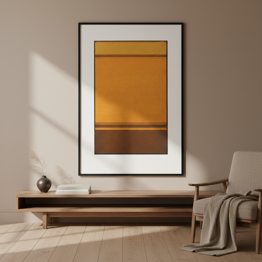 Harmony of Analogy by James Ward in warm ochre tones, with the print occupying 80 percent of the image, displayed in a refined Irish home interior