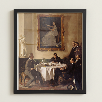 Homage to Manet by William Orpen in a large slim black frame on an off-white lime plaster wall, no mat or white border