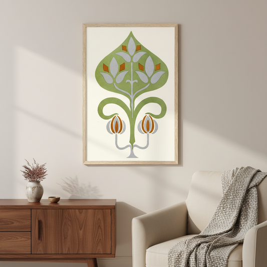 Harmony of Contrast by James Ward in broken green, blue, and orange tones, with the print occupying 80 percent of the image, displayed in a refined Irish home interior