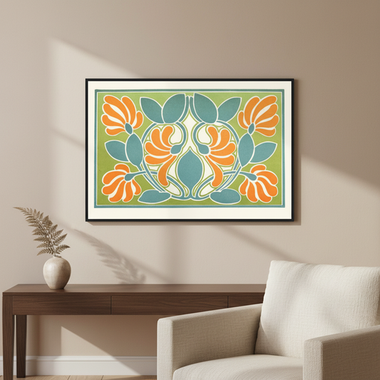 Harmonic Balance of Warm and Cold Colours by James Ward, with the print occupying 80 percent of the image, displayed in a refined Irish home interior