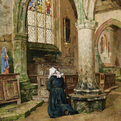 Woman praying in a church interior with stained glass windows and religious statues.