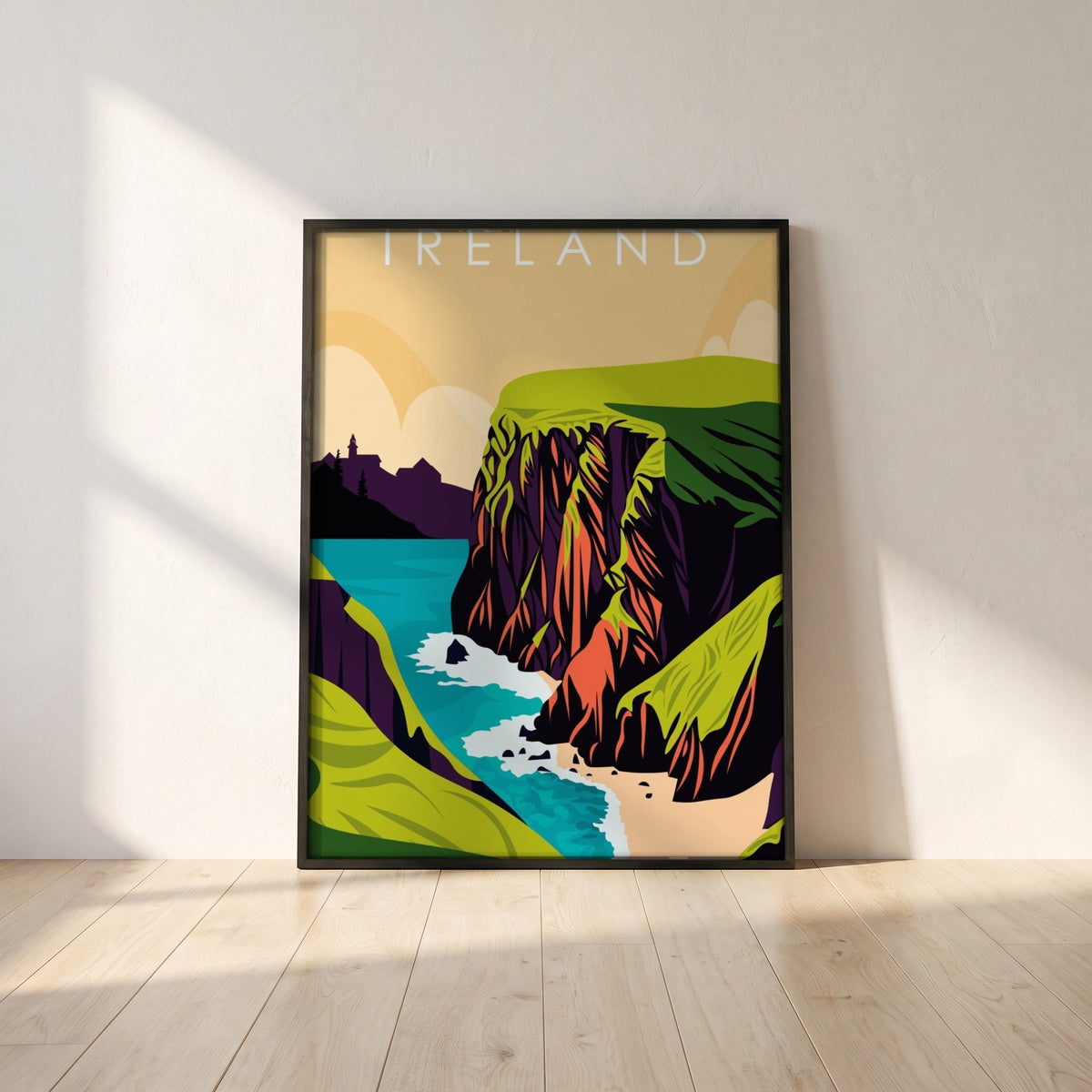 Ireland retro travel poster, Cliffs of Moher, in a black frame leaning against a white plaster wall on oak floorboards in morning light