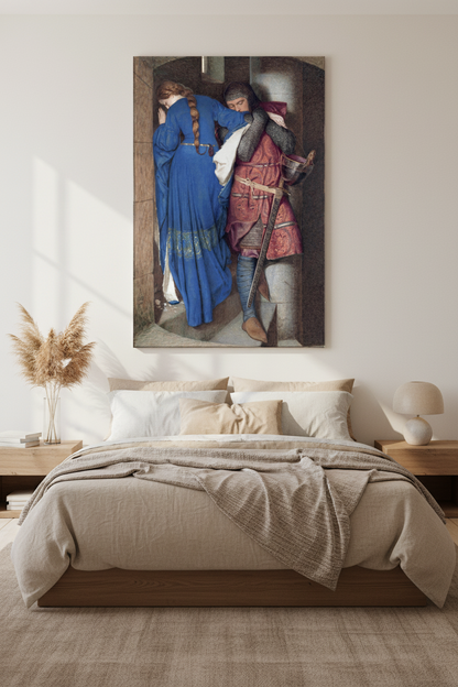 Fine art canvas of Hellelil and Hildebrand mounted above a neutral-toned bed with layered linen bedding and natural wood décor in a calm, minimalist bedroom.