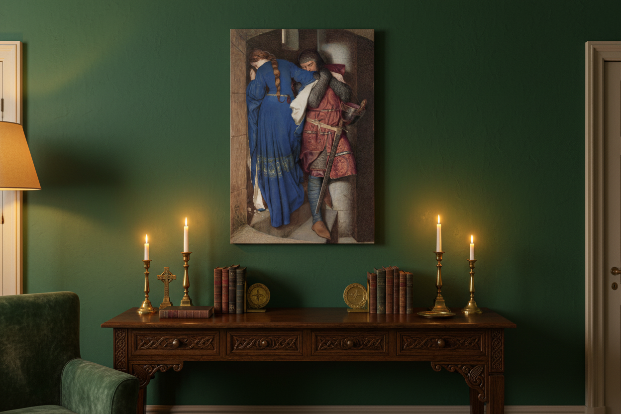 Luxury canvas of Hellelil and Hildebrand hanging in an Irish heritage-inspired room with deep green walls, antique furnishings and warm ambient lighting.