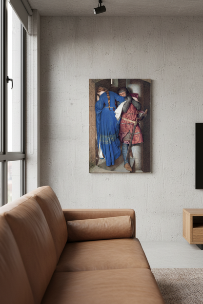 Large canvas of The Meeting on the Turret Stairs displayed on an exposed concrete wall in a modern loft with leather seating and soft natural daylight.