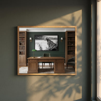 Irish Wolfhound framed print in a natural oak frame on a dark green wall beside a window, dappled plant shadow
