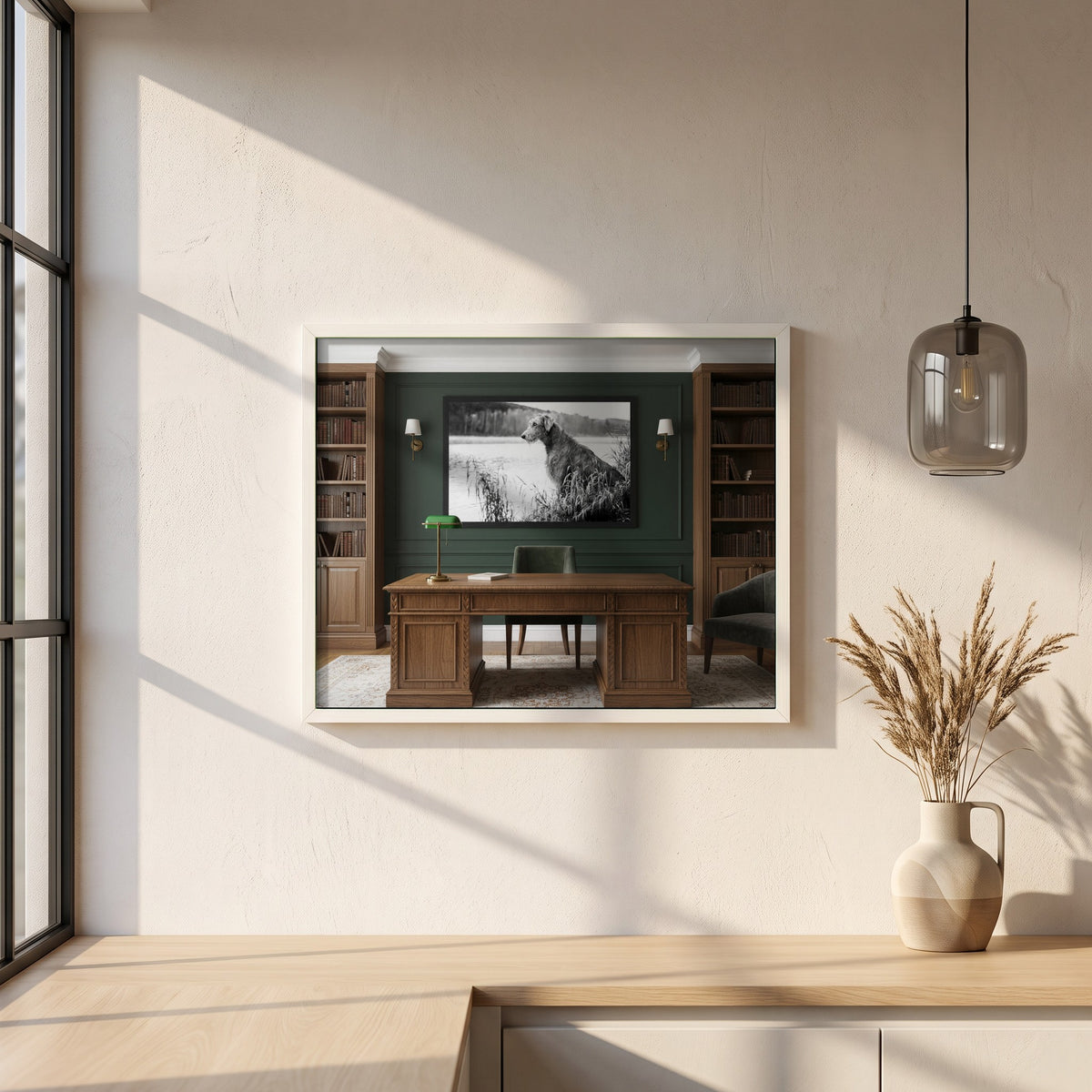 Irish Wolfhound framed print in a white frame on a plaster wall above an oak worktop in a bright Scandinavian kitchen