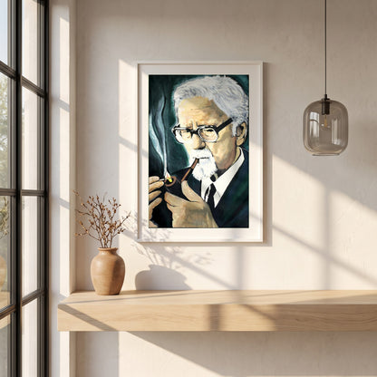 John Hewitt framed print in a white frame on a plaster wall above an oak worktop in a bright Scandinavian kitchen