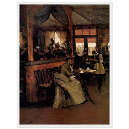 John Lavery cafe interior with a woman in a pale dress and a waitress, print with white edge