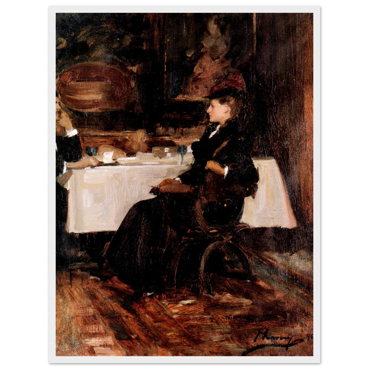 John Lavery painting of Mrs Adam in a black dress and hat at a candlelit table, print with white edge