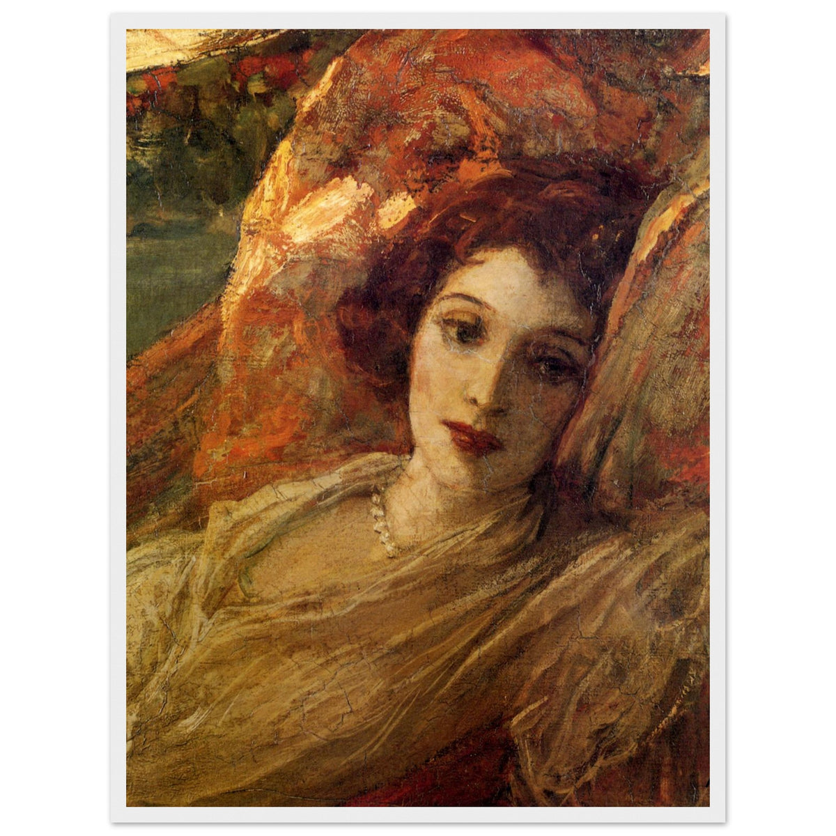 John Lavery portrait of Hazel resting in a red hammock with a pearl necklace, print with white edge
