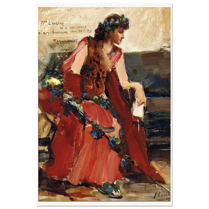 John Lavery portrait of Mrs Langtry seated in a red dress, unframed print