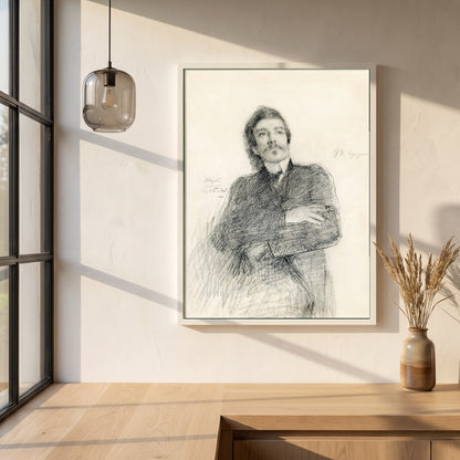 John Millington Synge framed print in a white frame on a plaster wall above an oak worktop in a bright Scandinavian kitchen