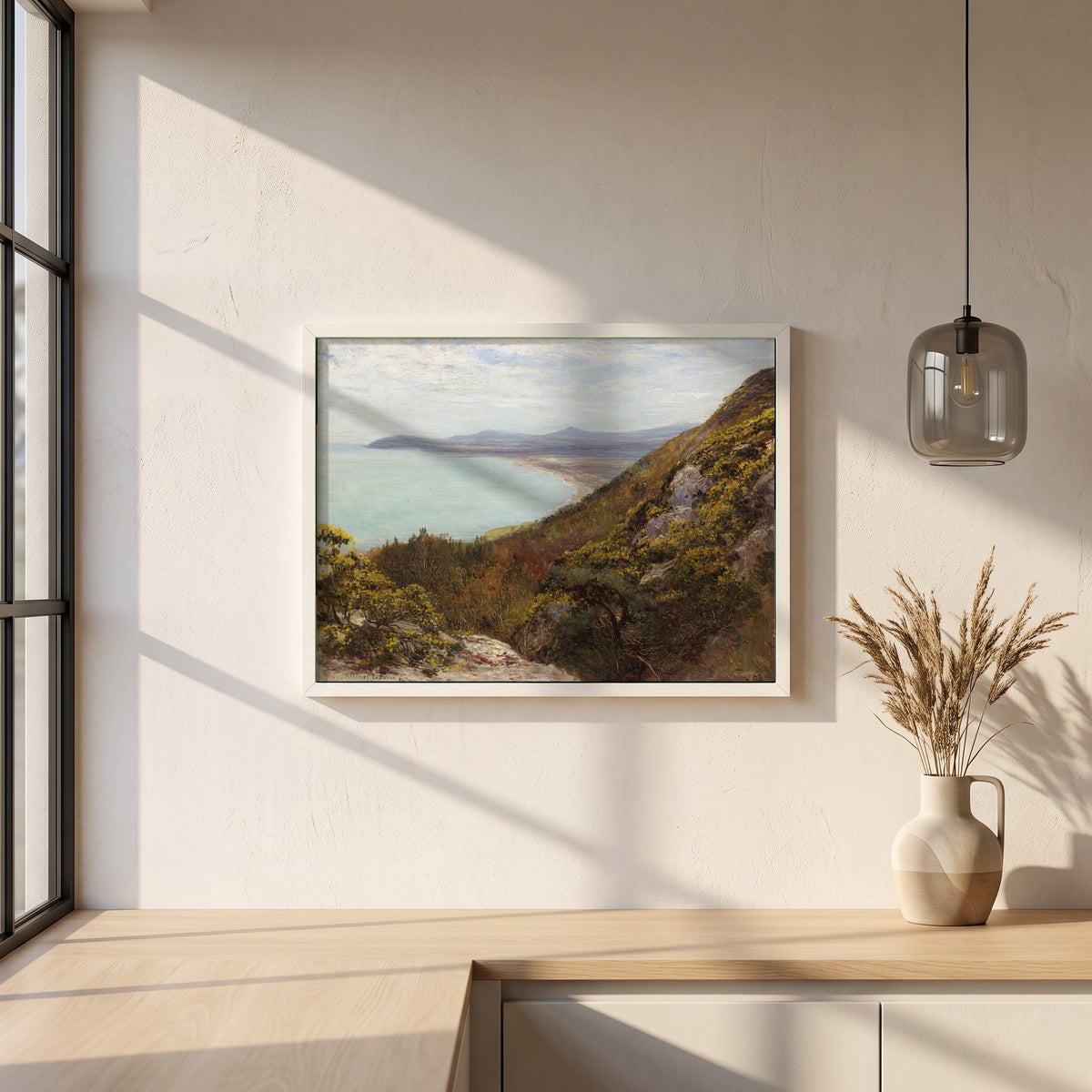 Killiney Bay Print | Francis S. Walker | framed print in a white frame on a plaster wall above an oak worktop in a bright Scandinavian kitchen