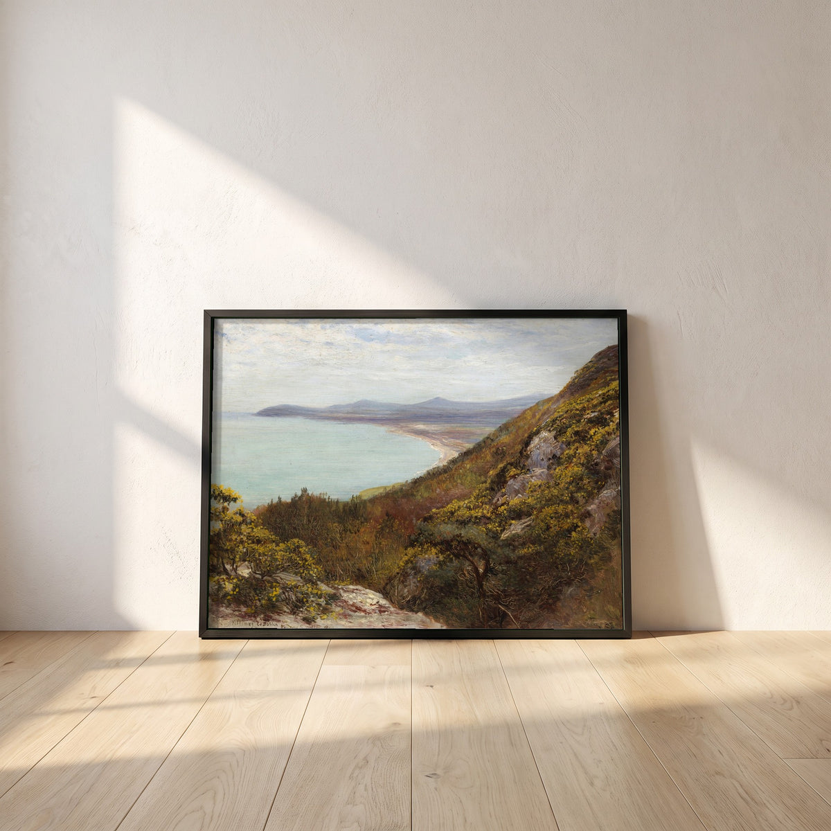 Killiney Bay Print | Francis S. Walker | framed print in a black frame leaning against a white plaster wall on oak floorboards in morning light