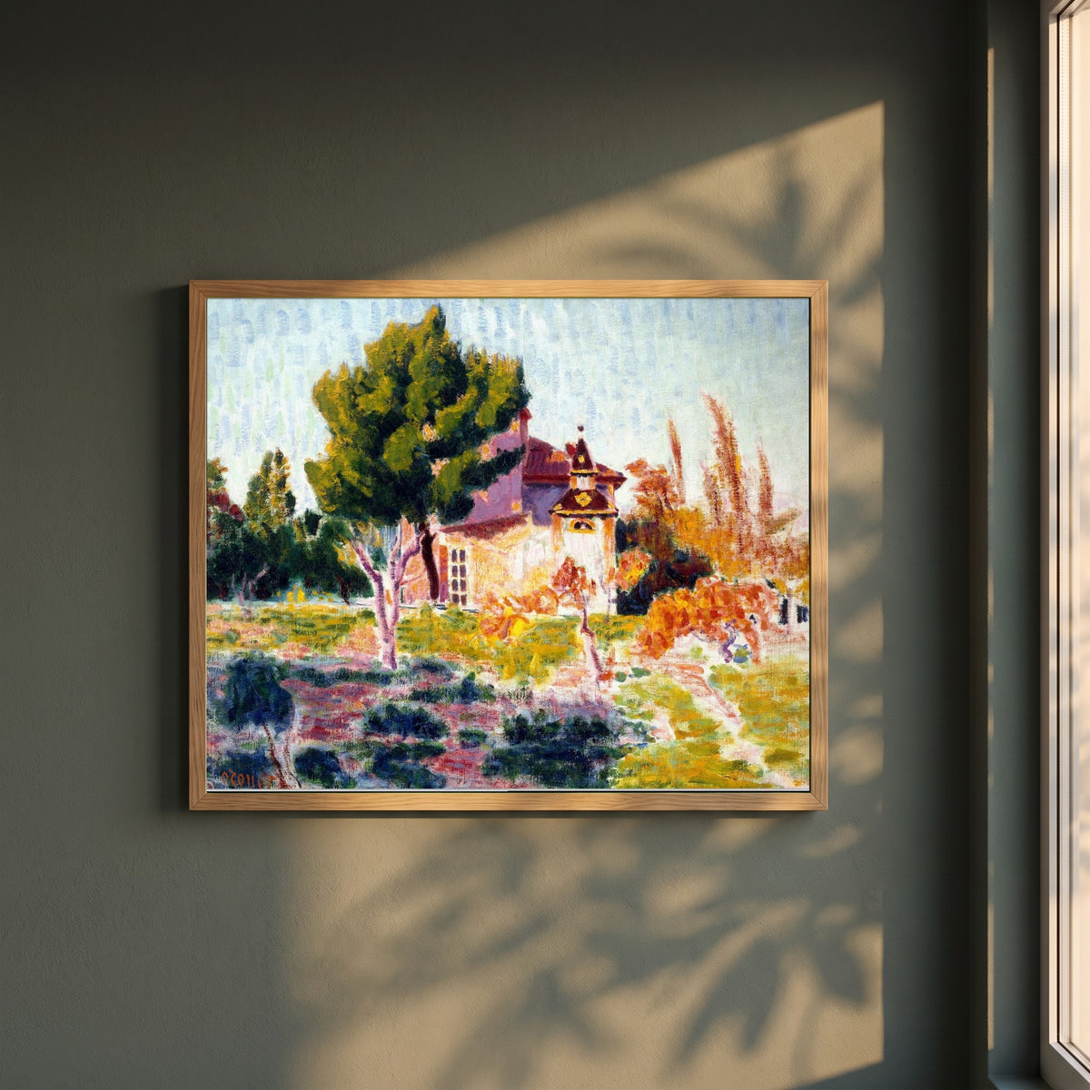 La Rose du Ciel, Cassis framed print in a natural oak frame on a dark green wall beside a window, dappled plant shadow