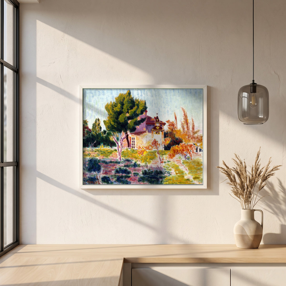 La Rose du Ciel, Cassis framed print in a white frame on a plaster wall above an oak worktop in a bright Scandinavian kitchen