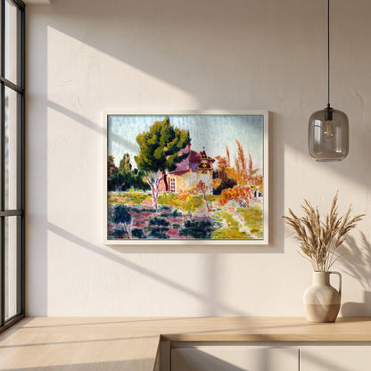 La Rose du Ciel, Cassis framed print in a white frame on a plaster wall above an oak worktop in a bright Scandinavian kitchen