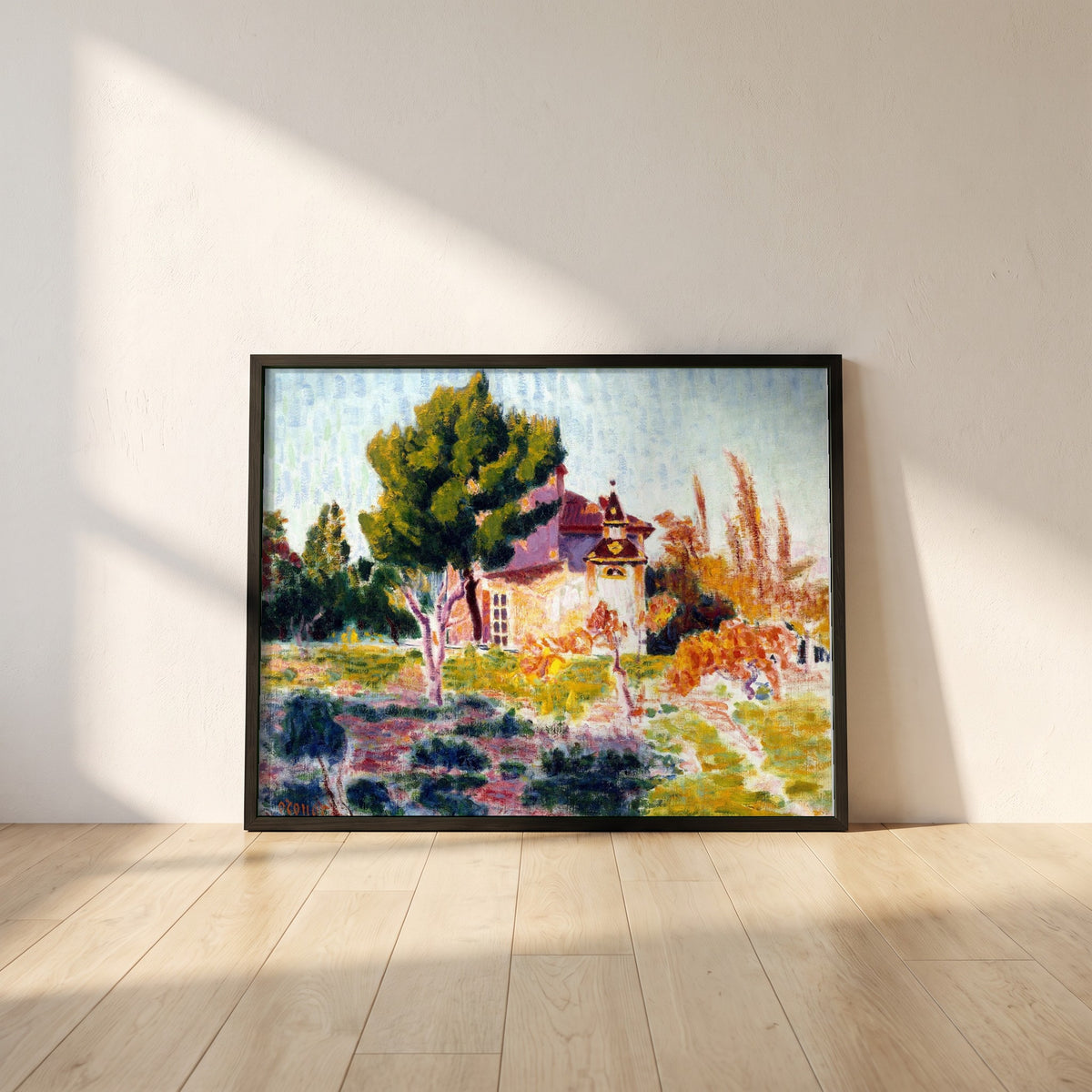 La Rose du Ciel, Cassis framed print in a black frame leaning against a white plaster wall on oak floorboards in morning light