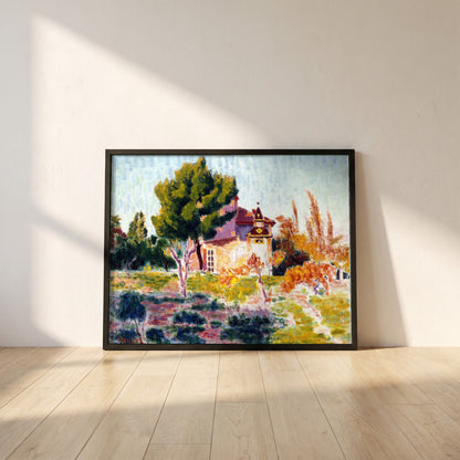 La Rose du Ciel, Cassis framed print in a black frame leaning against a white plaster wall on oak floorboards in morning light