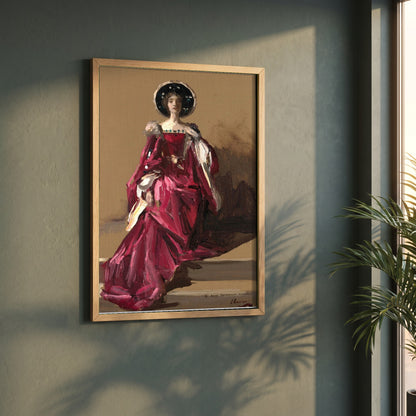 Lady Gwendeline Spencer-Churchill framed print in a natural oak frame on a dark green wall beside a window, dappled plant shadow