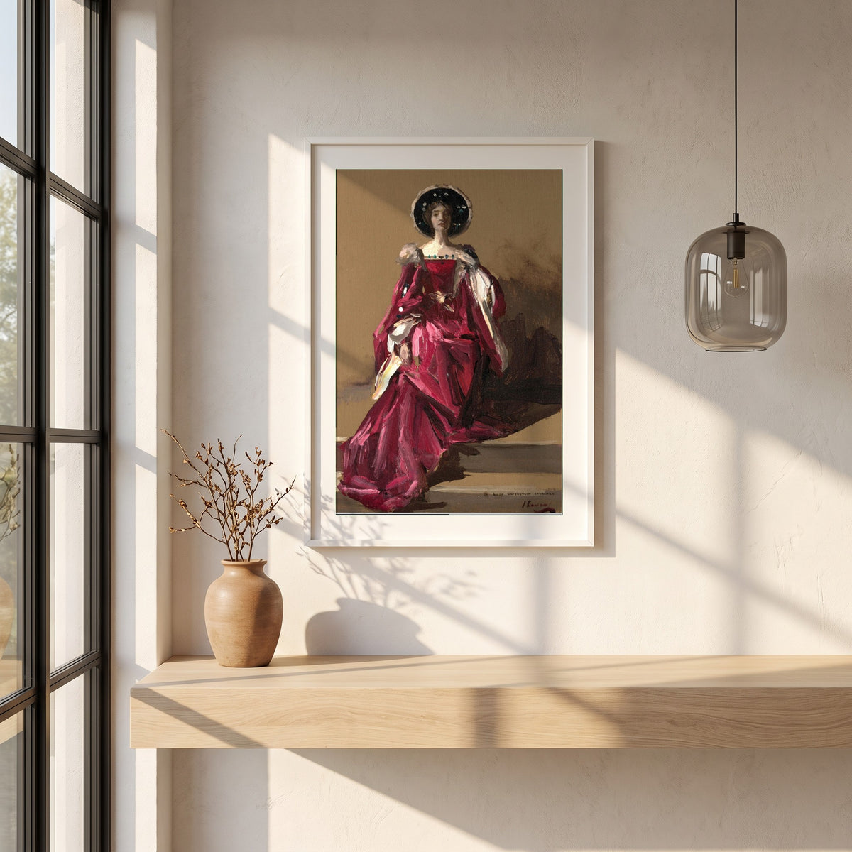 Lady Gwendeline Spencer-Churchill framed print in a white frame on a plaster wall above an oak worktop in a bright Scandinavian kitchen