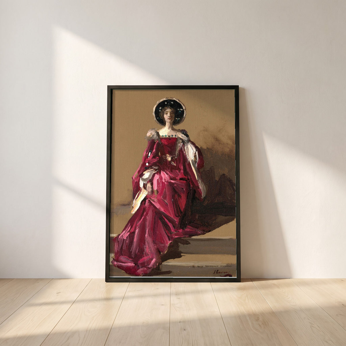Lady Gwendeline Spencer-Churchill framed print in a black frame leaning against a white plaster wall on oak floorboards in morning light