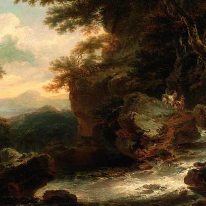 Irish Landscape painting with rocky terrain, trees, and a stream.