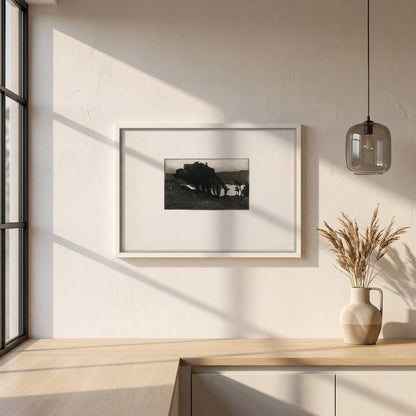 Landscape with Dark Trees and a River framed print in a white frame on a plaster wall above an oak worktop in a bright Scandinavian kitchen