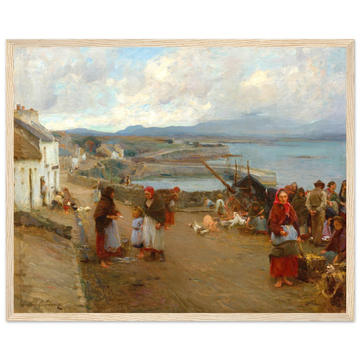 Life in Connemara, A Market Day by Walter Osborne in natural wood gallery frame, Irish market scene art print, 40×50 cm