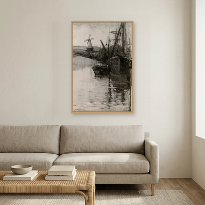 Boats in Rye Harbour, Sussex art print, framed and hung in a living room