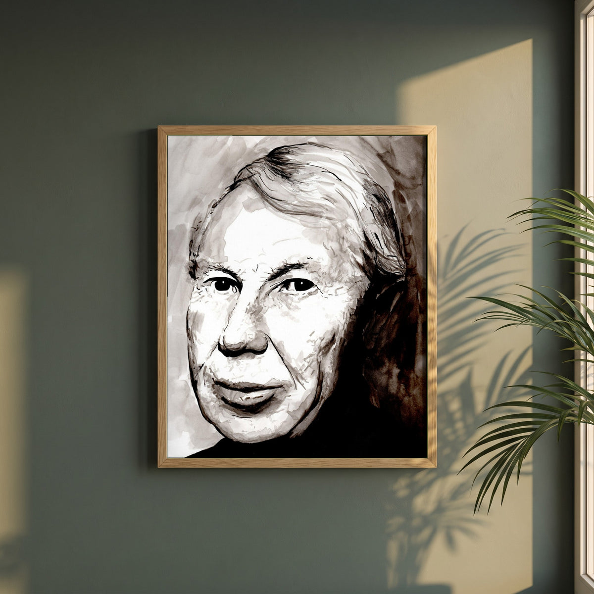 Louis le Brocquy Portrait framed print in a natural oak frame on a dark green wall beside a window, dappled plant shadow