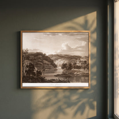 Lower Glanmire by Thomas Sautelle Roberts Art Print framed print in a natural oak frame on a dark green wall beside a window, dappled plant shadow