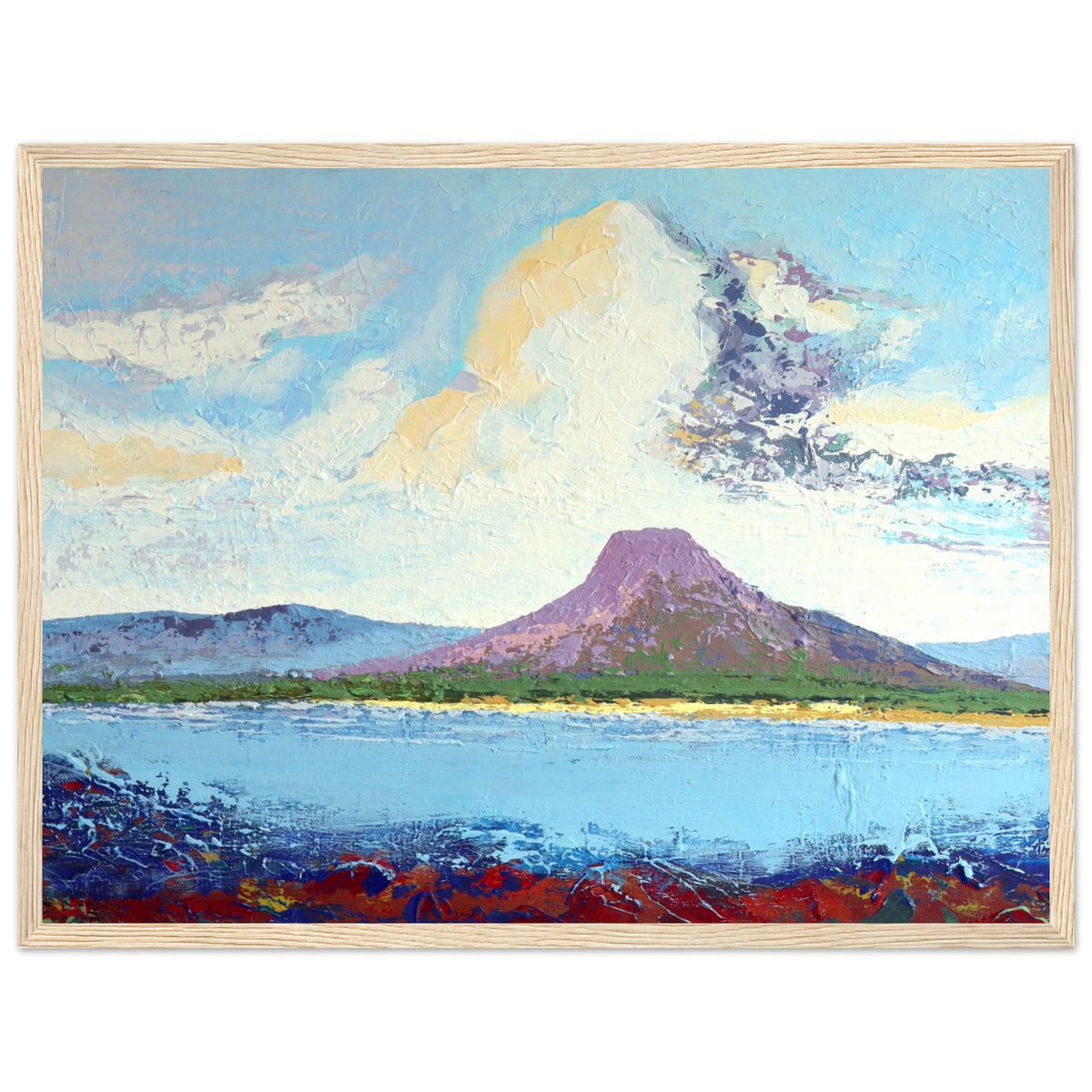 Lurig from the Shore landscape print in a light oak frame, Antrim coast with purple mountain